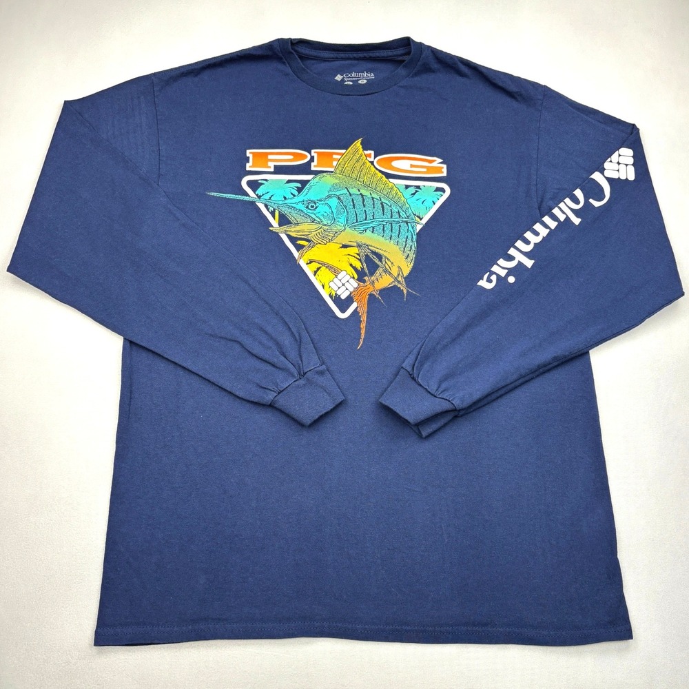 Columbia PFG Shirt Mens Medium Blue Marlin Fish Graphic Long Sleeve T Shirt Top